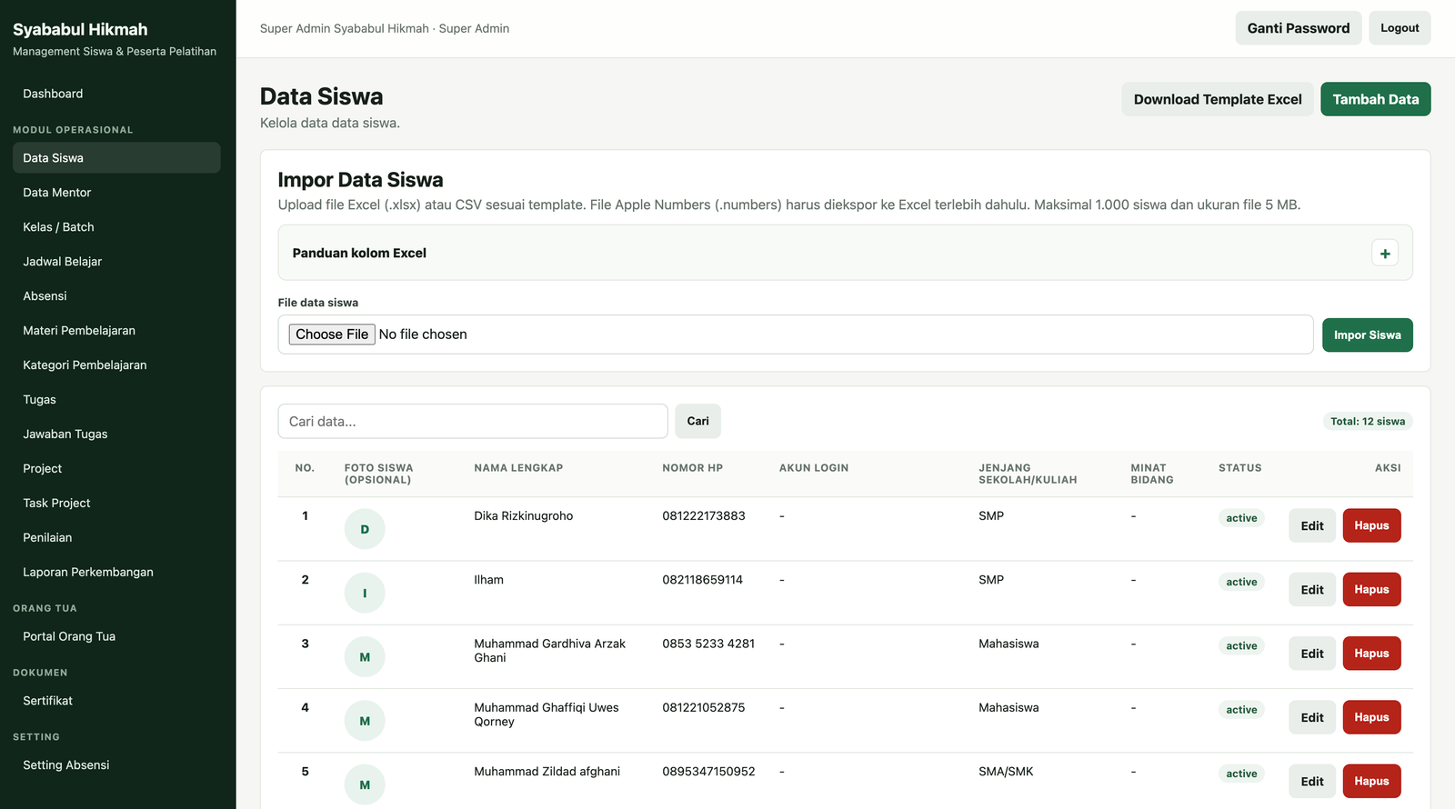 Screenshot Data Siswa SYAL Al-Hikmah